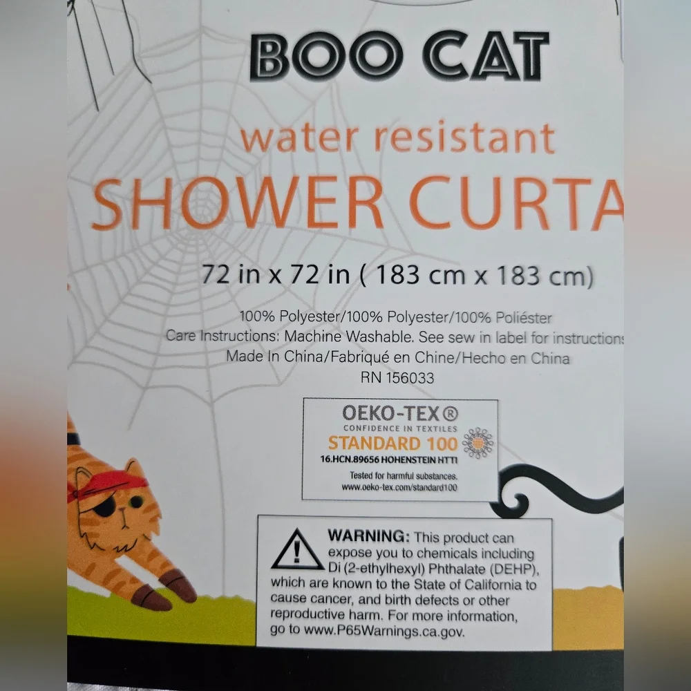 Boo Cat Halloween Water Resistant Fabric Shower Curtain with Black Cats